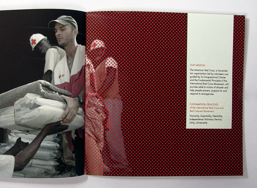 Annual report page featuring three men handing out emergency supplies. A pattern of small red crosses overlays half of the spread wherein the mission statement is written.