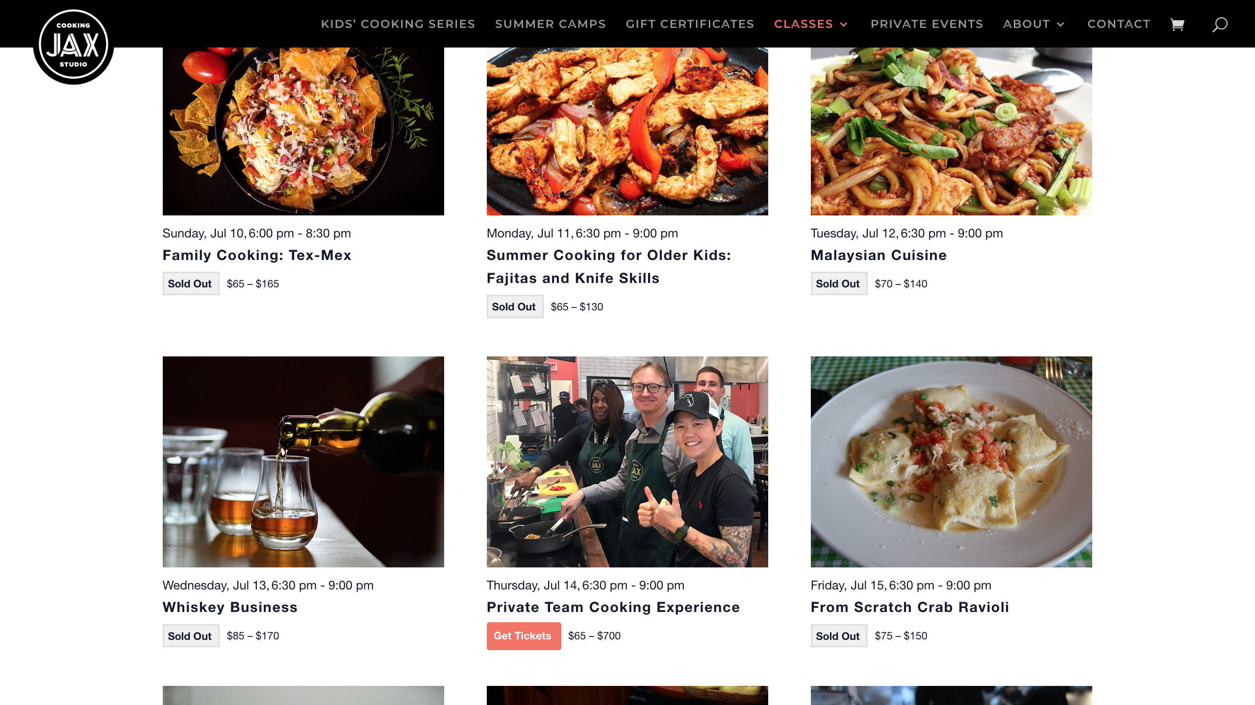 JAX Cooking Studio website class page showing different cuisines and sold out tickets.
