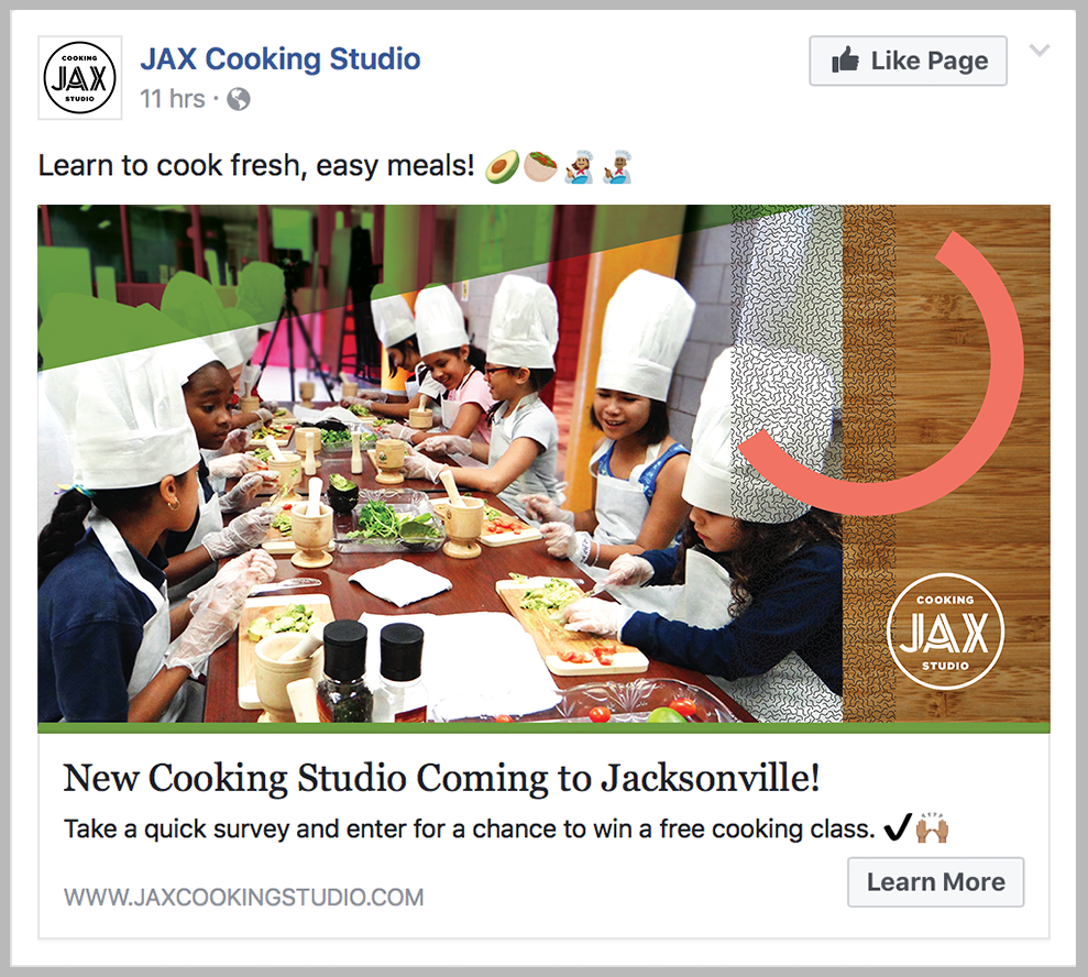 A Facebook ad announcing JAX Cooking Studio, featuring a group of children in white chef's hats cutting vegetables.