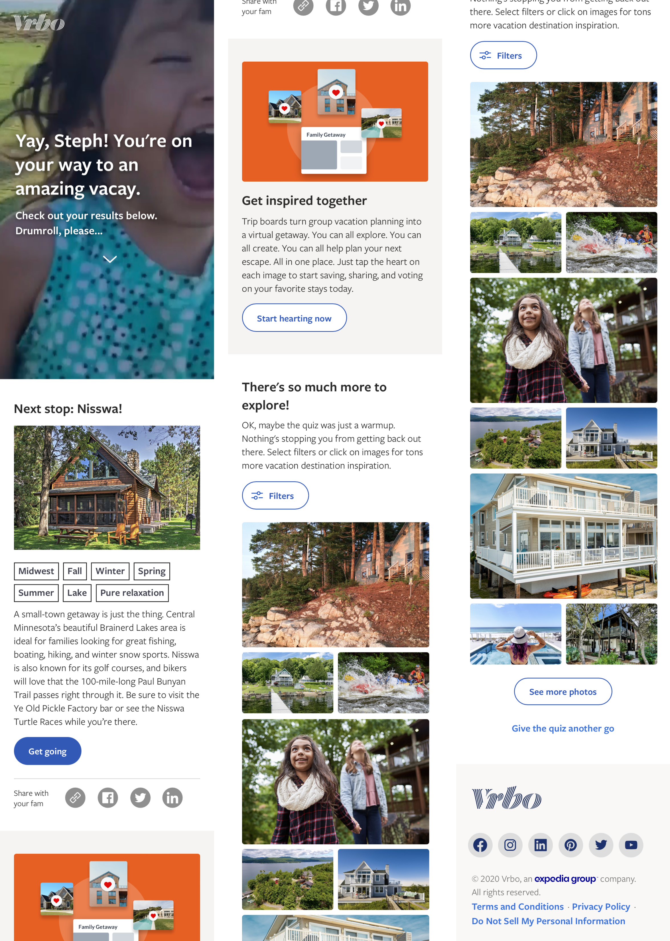 Design mockups showing results of Vrbo Vacation Generator quiz. A girl smiles in the hero section; a log cabin in Nisswa is the generated result.
